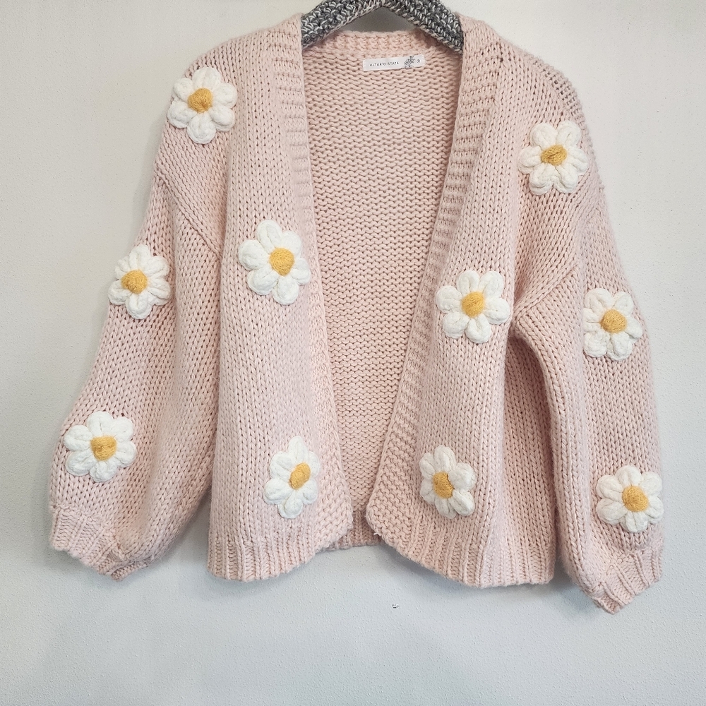 Altar'd State Pink Jenny 3D Knit Daisy Cardigan - Floral Puff - Boho Size Small - Picture 3 of 8